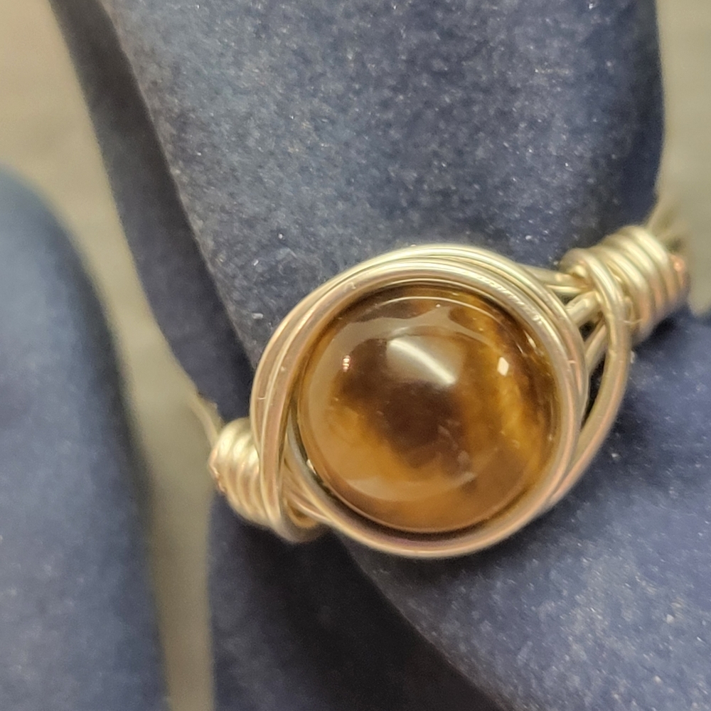 Silver Wire Wrapped and Natural Tiger Eye Bead Ring